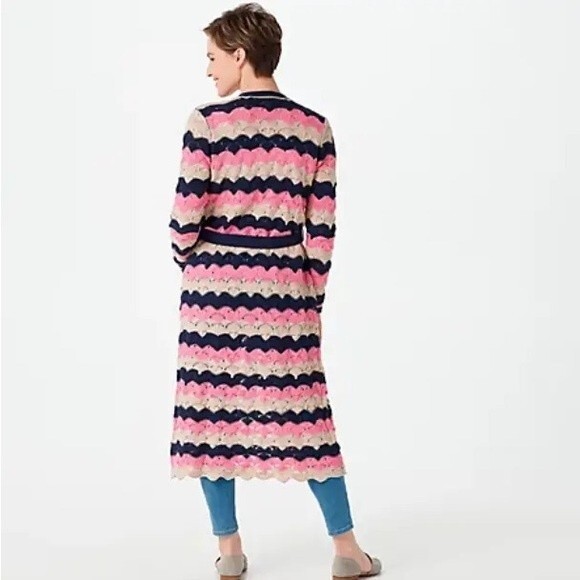 Laurie Felt Pointelle Knit Maxi Cardigan Duster Sweater Navy Pink Tan Size XXS - Picture 6 of 16